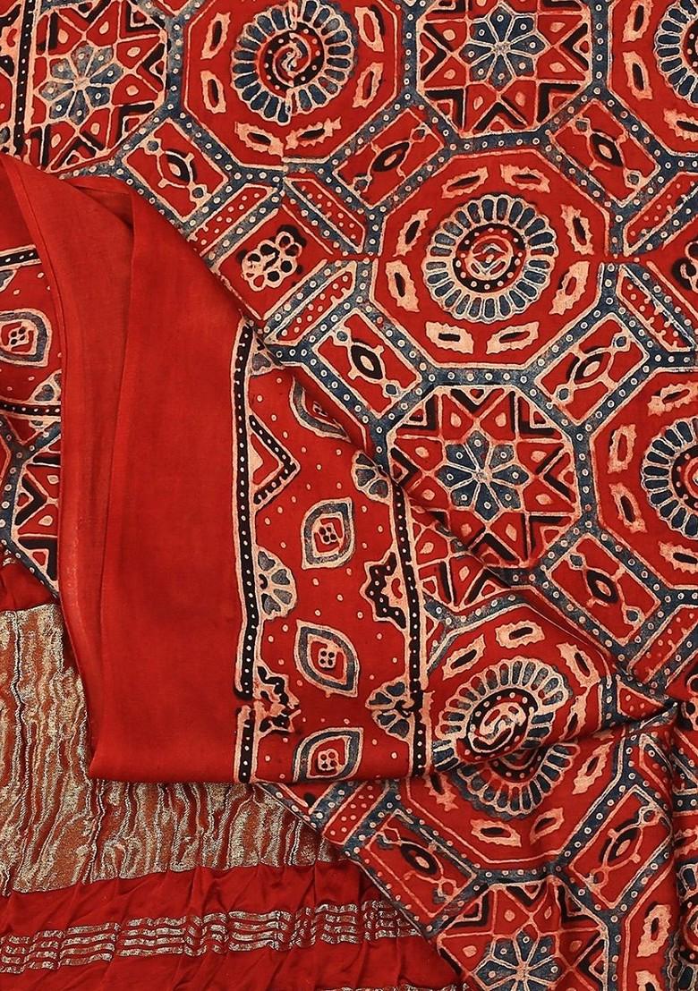 Maroon And Blue Ethnic Motifs Printed Pure Silk Block Print Dupatta