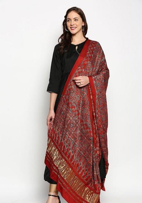 Maroon And Blue Ethnic Motifs Printed Pure Silk Block Print Dupatta