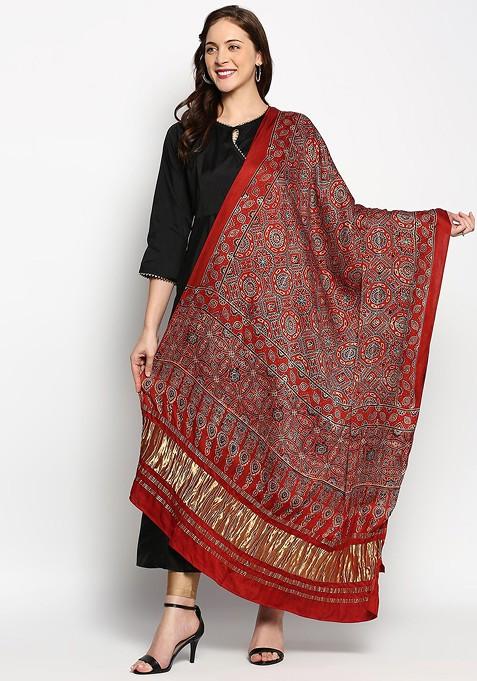 Maroon And Blue Ethnic Motifs Printed Pure Silk Block Print Dupatta