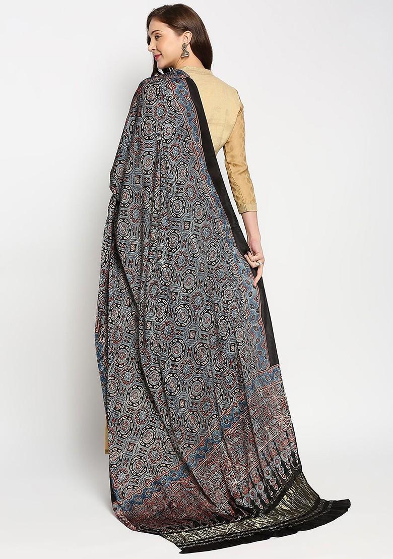 Black And Blue Ethnic Motifs Printed Block Print Dupatta