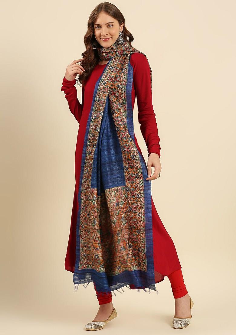 Women Blue And Red Ethnic Motifs Printed Pure Silk Dupatta
