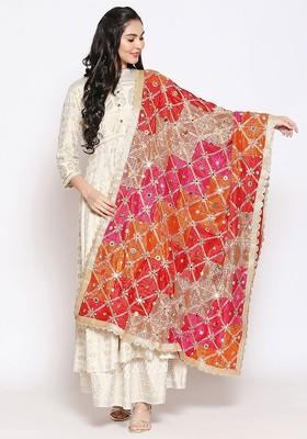 Pink And Red Embroidered Dupatta With Phulkari