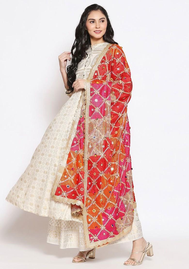 Pink And Red Embroidered Dupatta With Phulkari