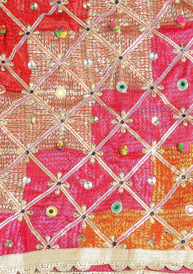 Pink And Red Embroidered Dupatta With Phulkari