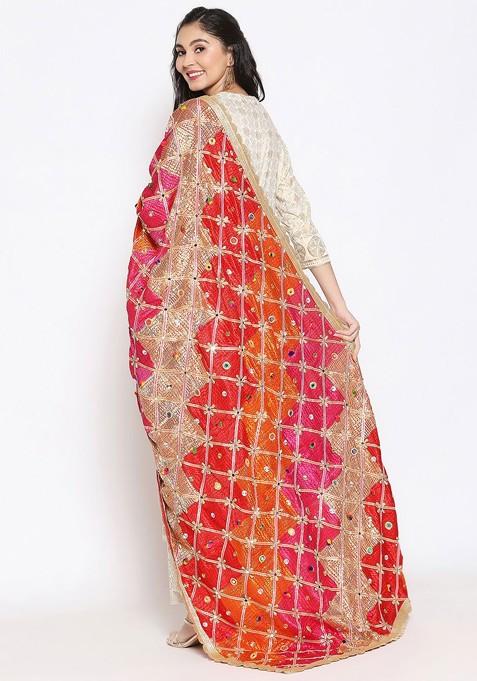 Pink And Red Embroidered Dupatta With Phulkari
