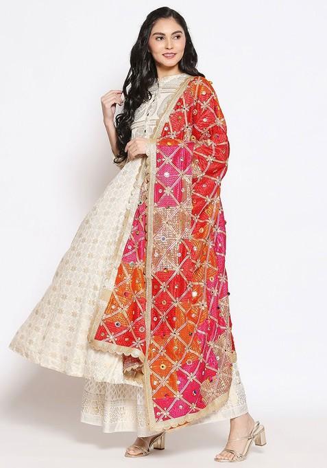 Pink And Red Embroidered Dupatta With Phulkari