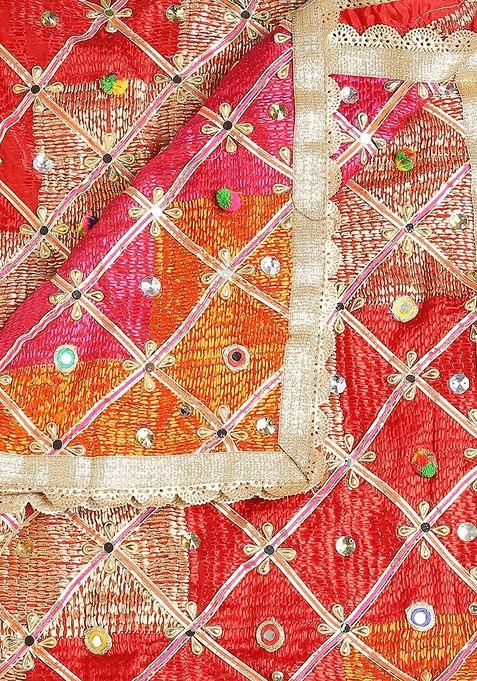 Pink And Red Embroidered Dupatta With Phulkari