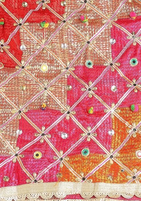 Pink And Red Embroidered Dupatta With Phulkari