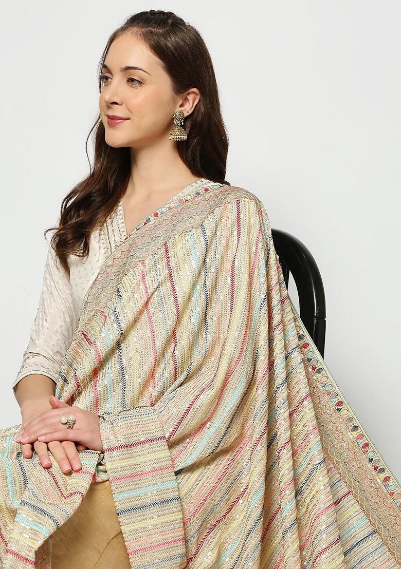 Green And Gold Toned Embroidered Dupatta With Sequinned