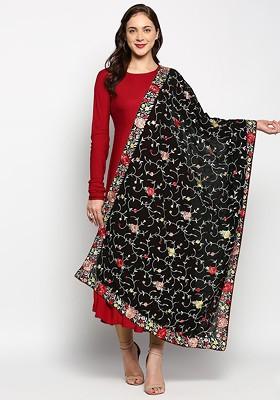 Black And Red Embroidered Dupatta With Thread Work