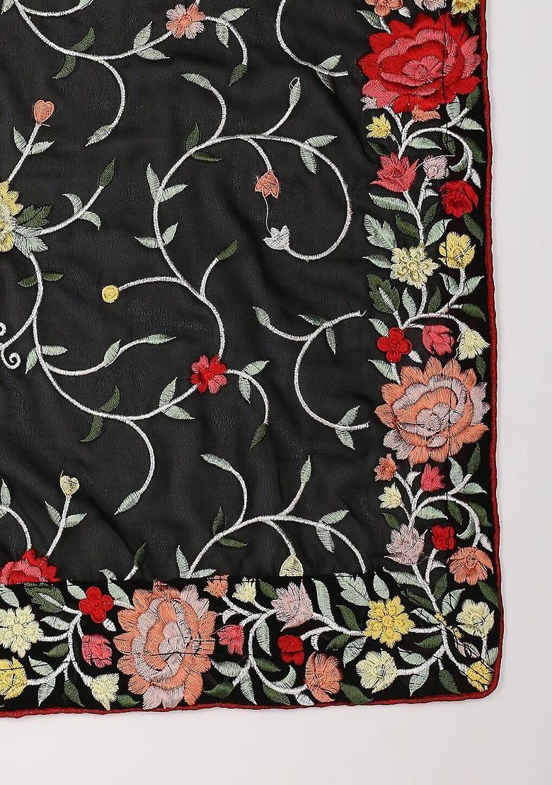 Black And Red Embroidered Dupatta With Thread Work