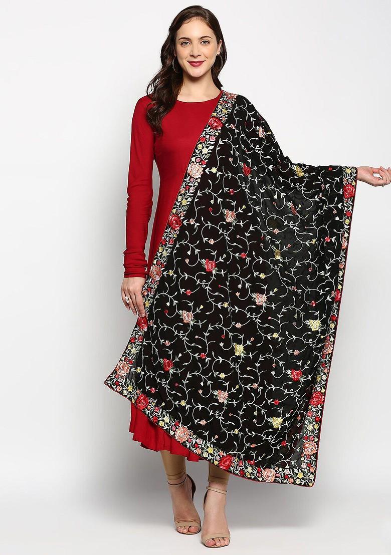 Black And Red Embroidered Dupatta With Thread Work