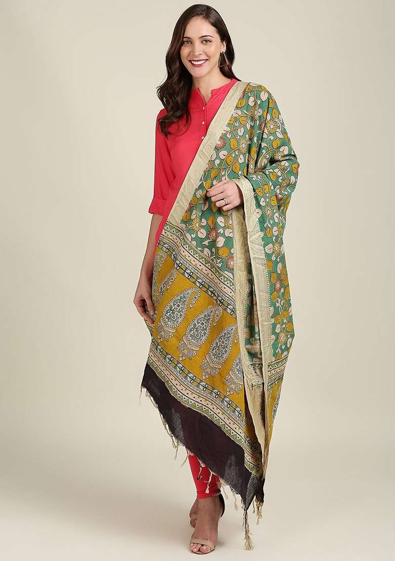 Green And Yellow Dyed Pure Cotton Kalamkari Dupatta - Indya