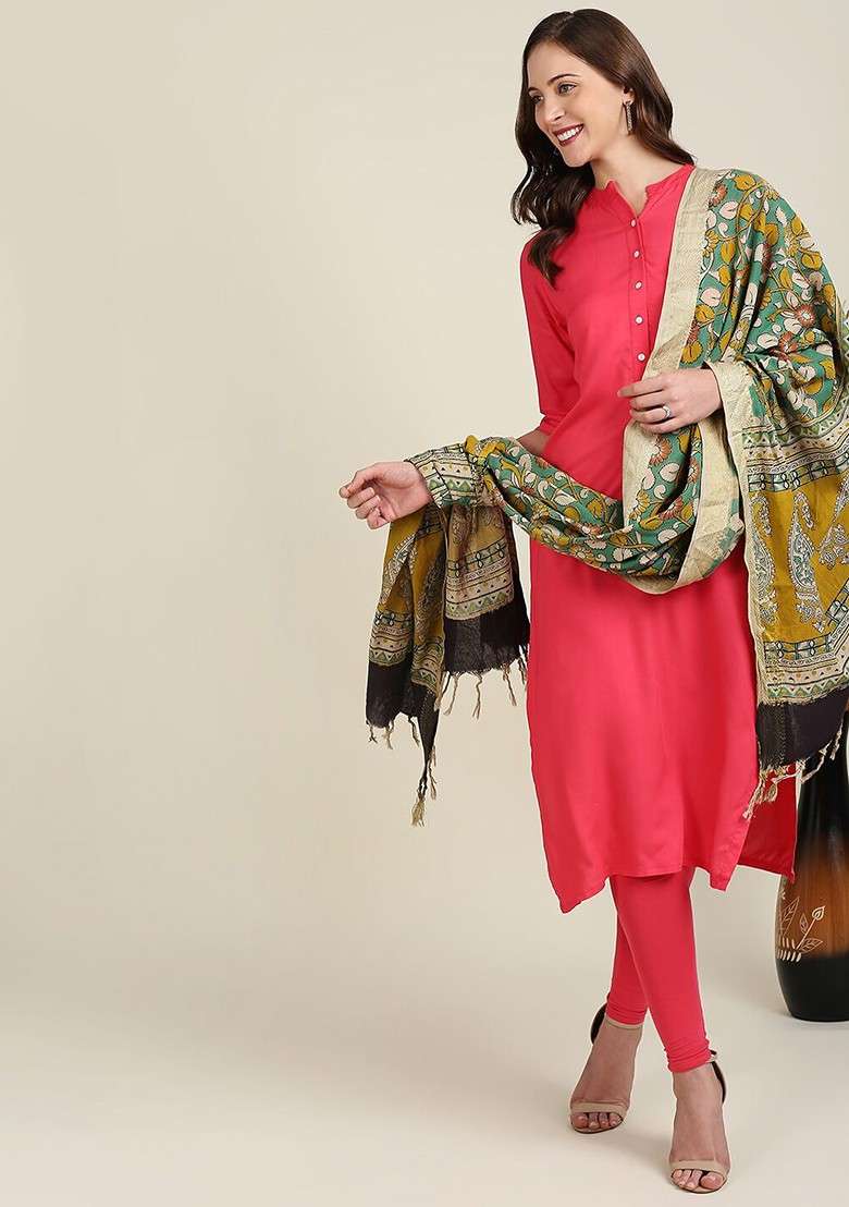 Green And Yellow Dyed Pure Cotton Kalamkari Dupatta - Indya