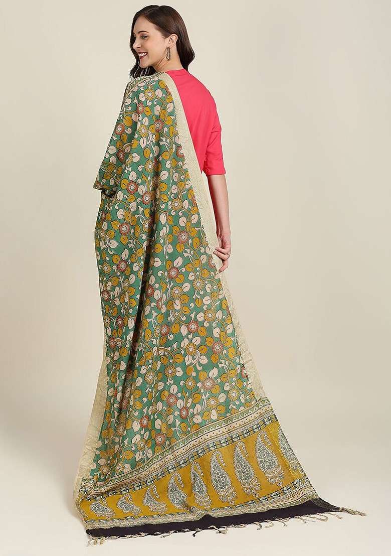 Green And Yellow Dyed Pure Cotton Kalamkari Dupatta - Indya