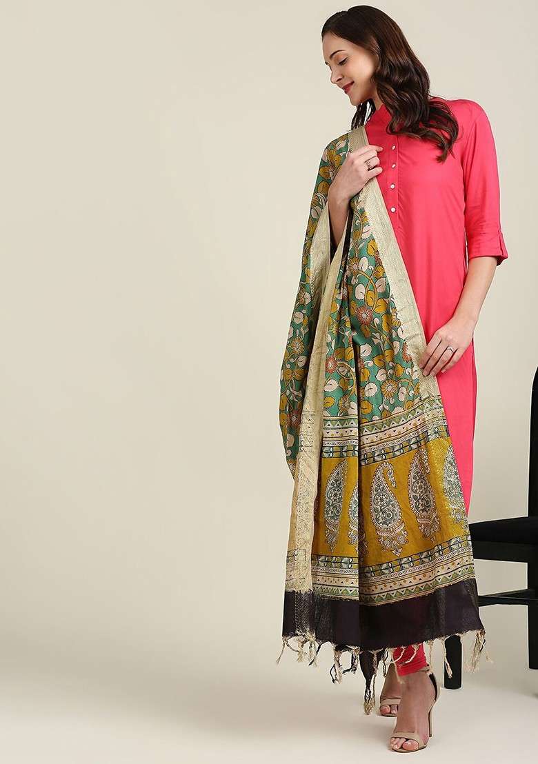 Green And Yellow Dyed Pure Cotton Kalamkari Dupatta - Indya