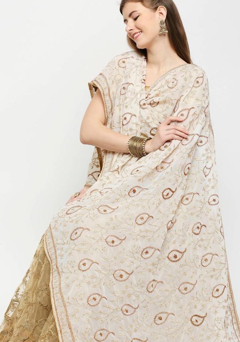 Cream Coloured Paisley Embroidered Dupatta