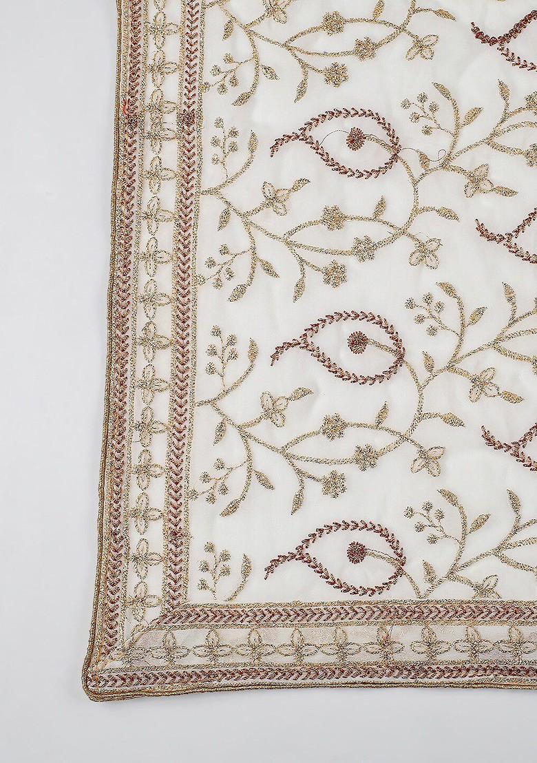 Cream Coloured Paisley Embroidered Dupatta