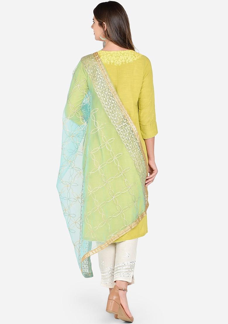 Women Blue And Gold Embroidered Dupatta
