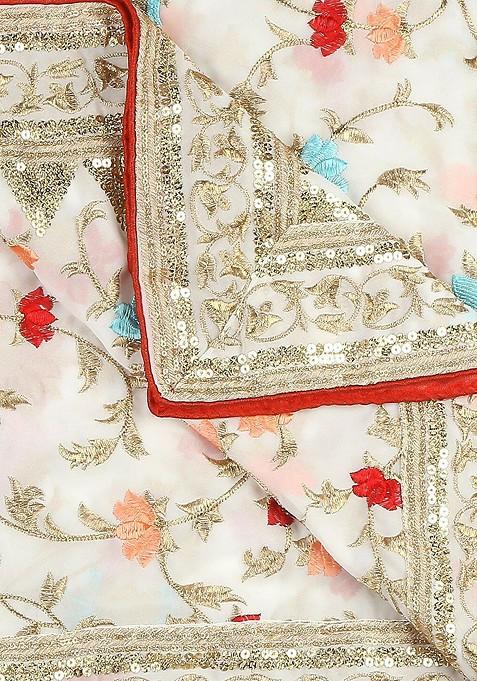 Men White And Gold Toned Embroidered Dupatta With Sequinned