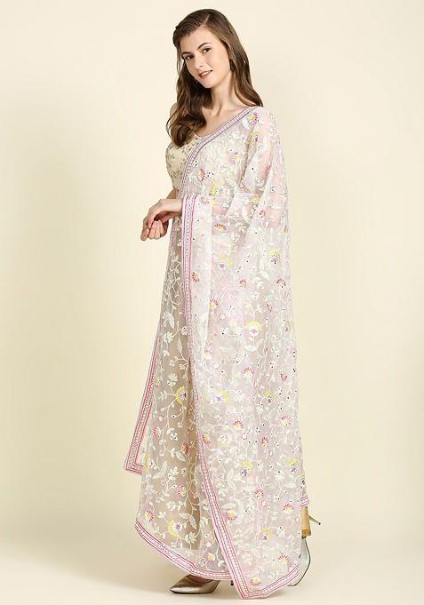 Women Embroidered Organza Dupatta With Mirror Work