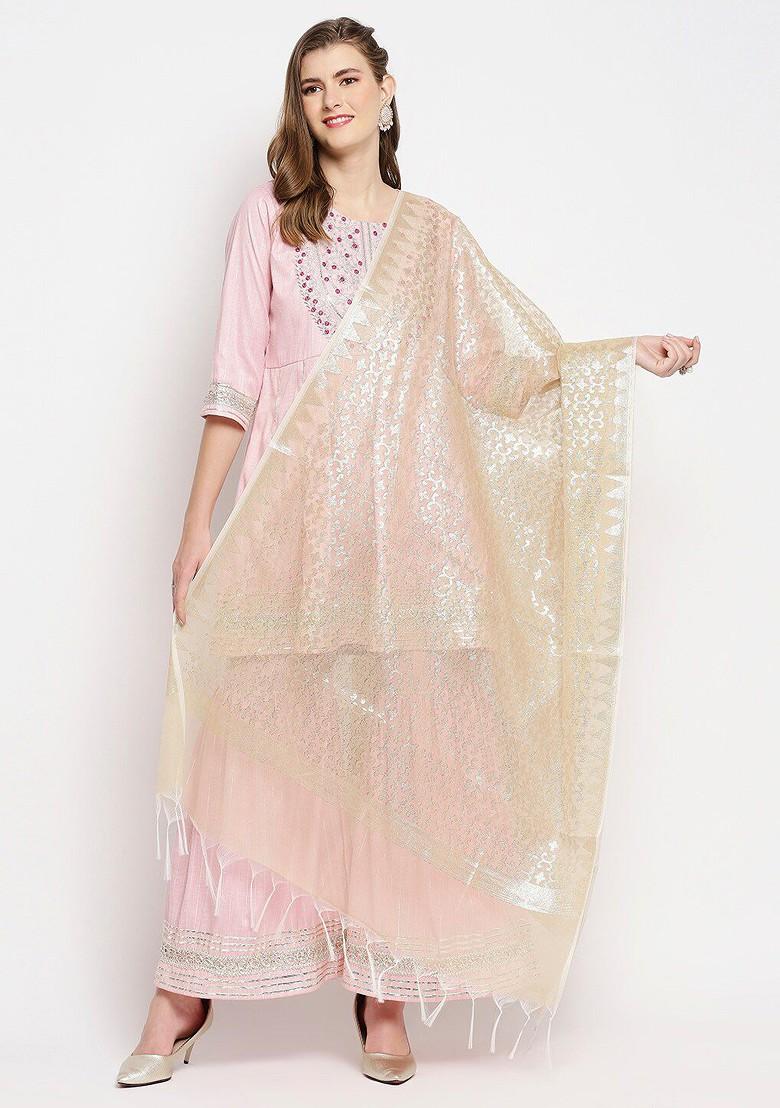 Gold Toned Ethnic Motifs Woven Design Dupatta With Zari
