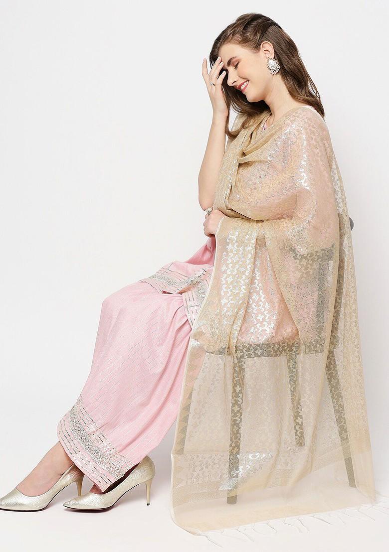 Gold Toned Ethnic Motifs Woven Design Dupatta With Zari