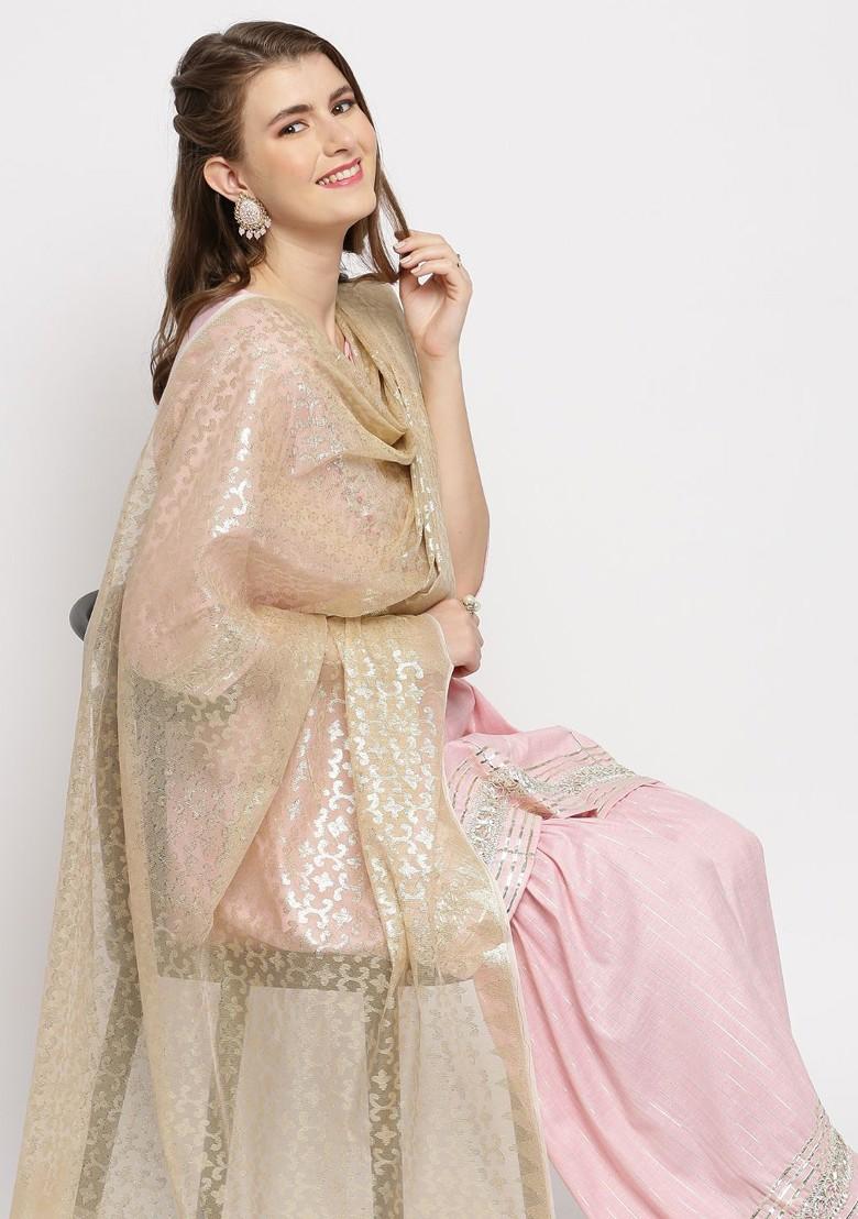 Gold Toned Ethnic Motifs Woven Design Dupatta With Zari
