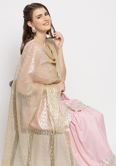 Gold Toned Ethnic Motifs Woven Design Dupatta With Zari