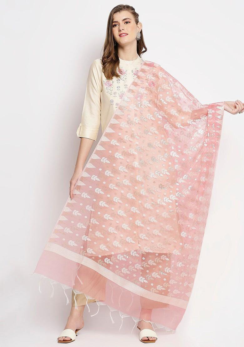 Peach Coloured And White Woven Design Dupatta