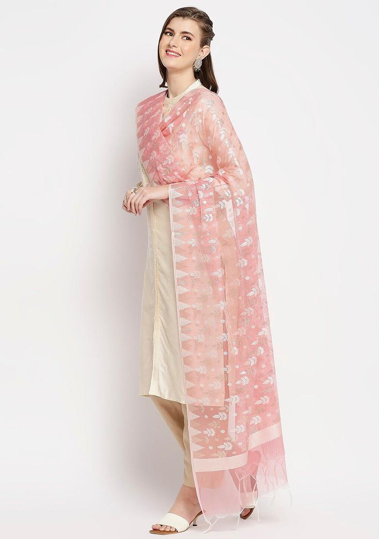 Peach Coloured And White Woven Design Dupatta