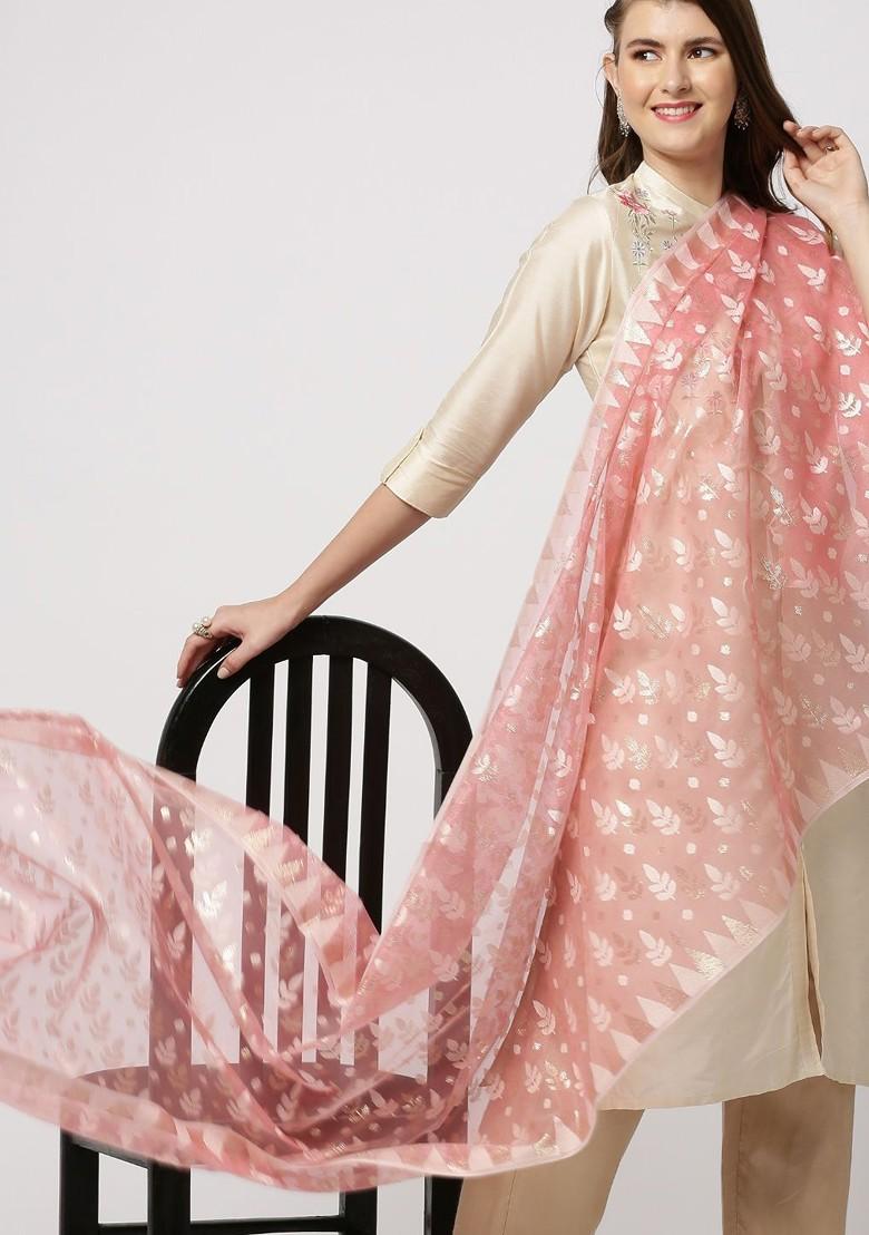 Peach Coloured And White Woven Design Dupatta