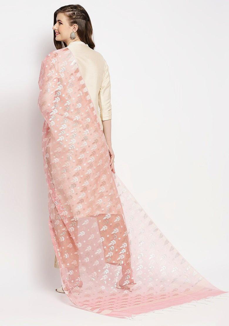 Peach Coloured And White Woven Design Dupatta