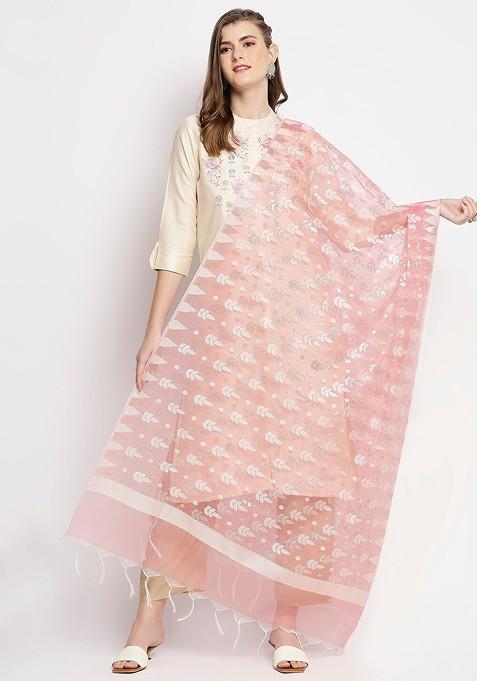 Peach Coloured And White Woven Design Dupatta