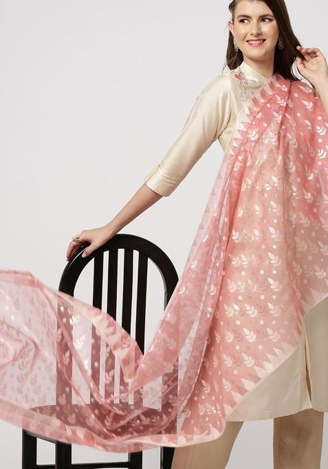 Peach Coloured And White Woven Design Dupatta