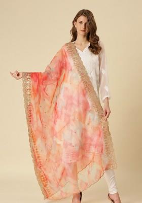 Women Pink And Gold Toned Embroidered Organza Dupatta With Sequinned
