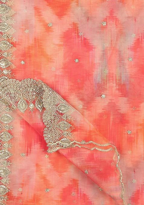 Women Pink And Gold Toned Embroidered Organza Dupatta With Sequinned