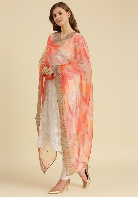 Women Pink And Gold Toned Embroidered Organza Dupatta With Sequinned