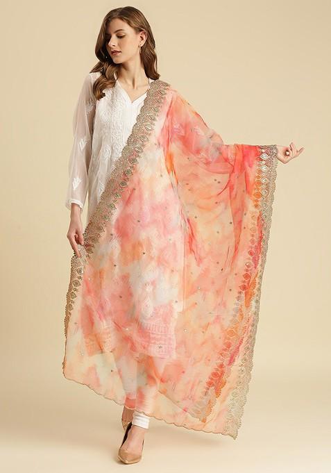 Women Pink And Gold Toned Embroidered Organza Dupatta With Sequinned