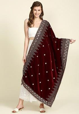 Women Ethnic Motifs Embroidered Velvet Dupatta With Zardozi