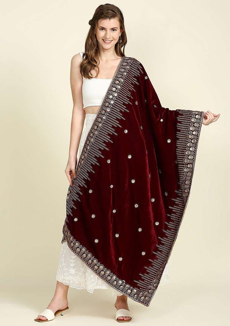 Women Ethnic Motifs Embroidered Velvet Dupatta With Zardozi - Indya