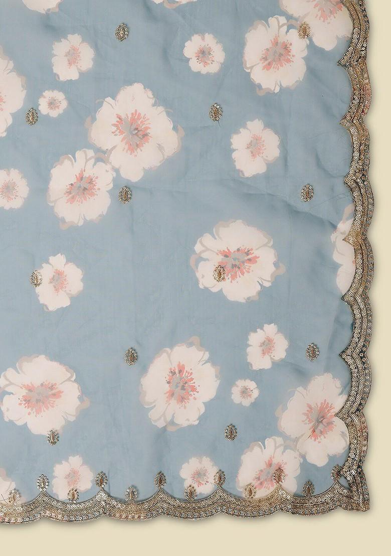 Women Teal And White Printed Organza Dupatta