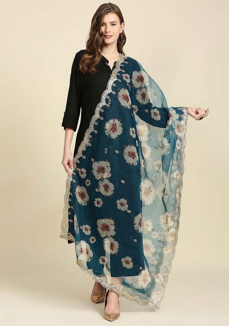 Women Teal And White Printed Organza Dupatta