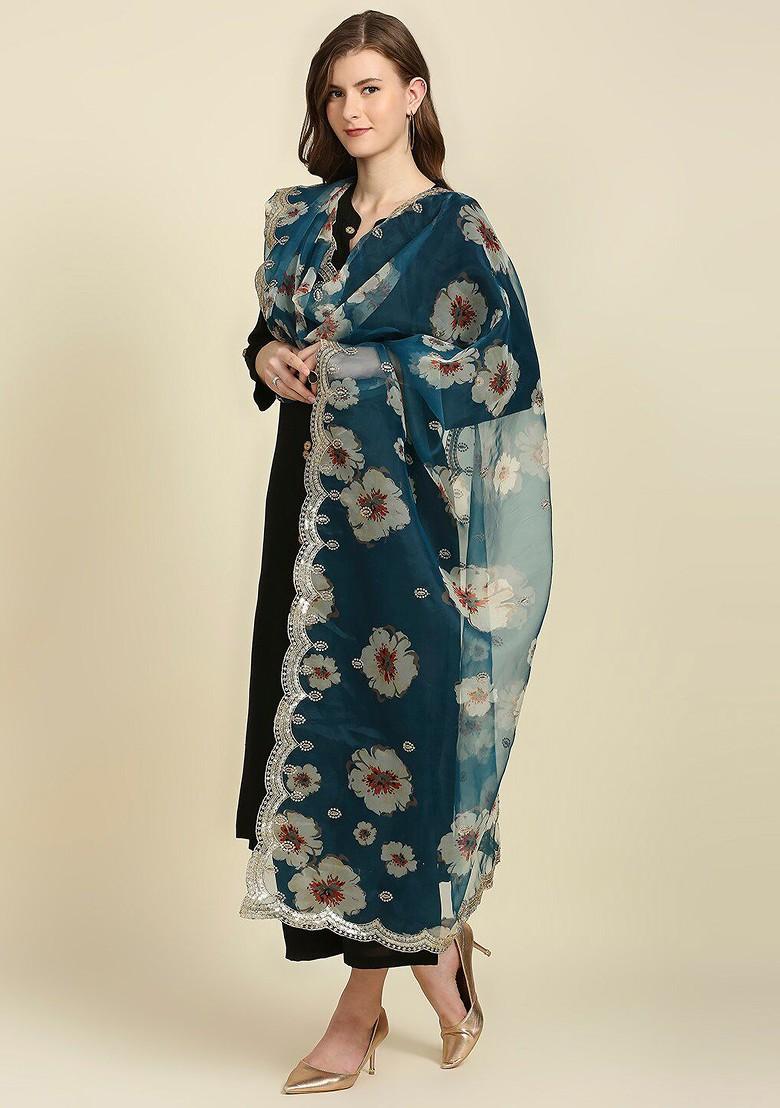Women Teal And White Printed Organza Dupatta