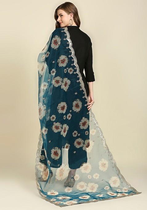Women Teal And White Printed Organza Dupatta