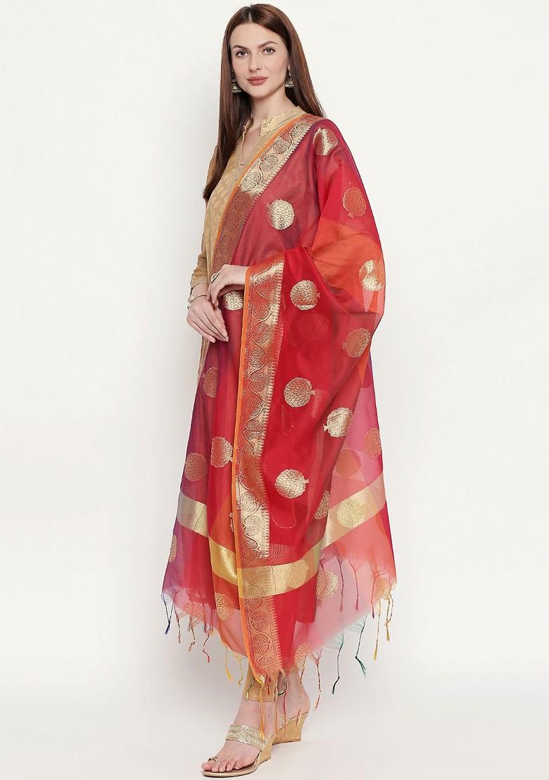 Red And Orange Banarasi Woven Design Dupatta