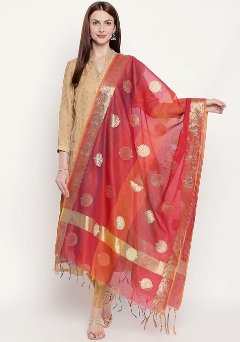 Red And Orange Banarasi Woven Design Dupatta