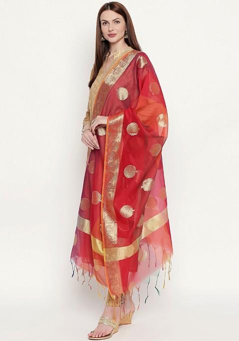Red And Orange Banarasi Woven Design Dupatta