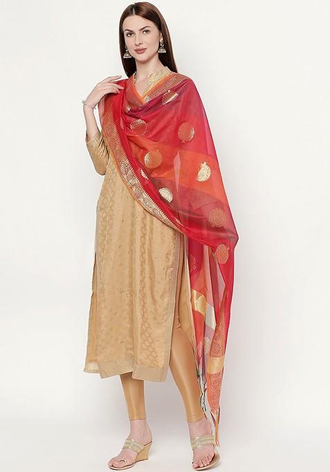 Red And Orange Banarasi Woven Design Dupatta