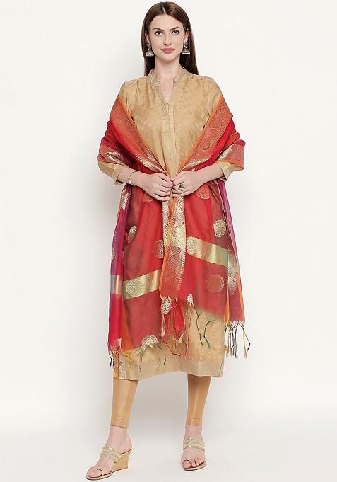 Red And Orange Banarasi Woven Design Dupatta